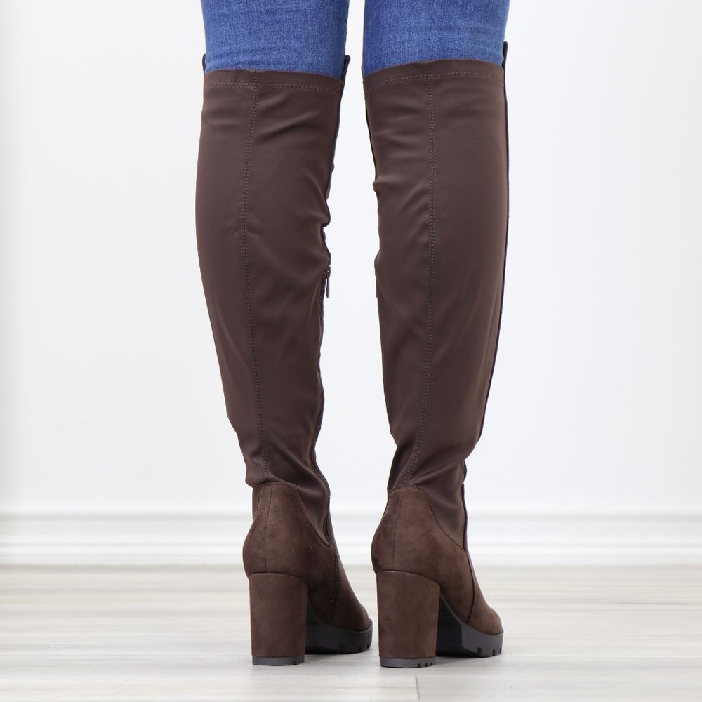 Brown Thigh High Over The Knee Lug Block Heel Boots Faux Suede Round Toe - Picture 10 of 16